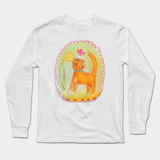 Orange tabby cat and wild flowers Long Sleeve T-Shirt